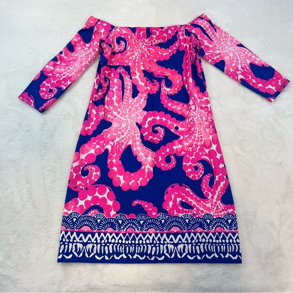 Lilly Pulitzer Off Shoulder Laurana Dress Sz XS Ikat Blue Mocean Engineered - Picture 5 of 12